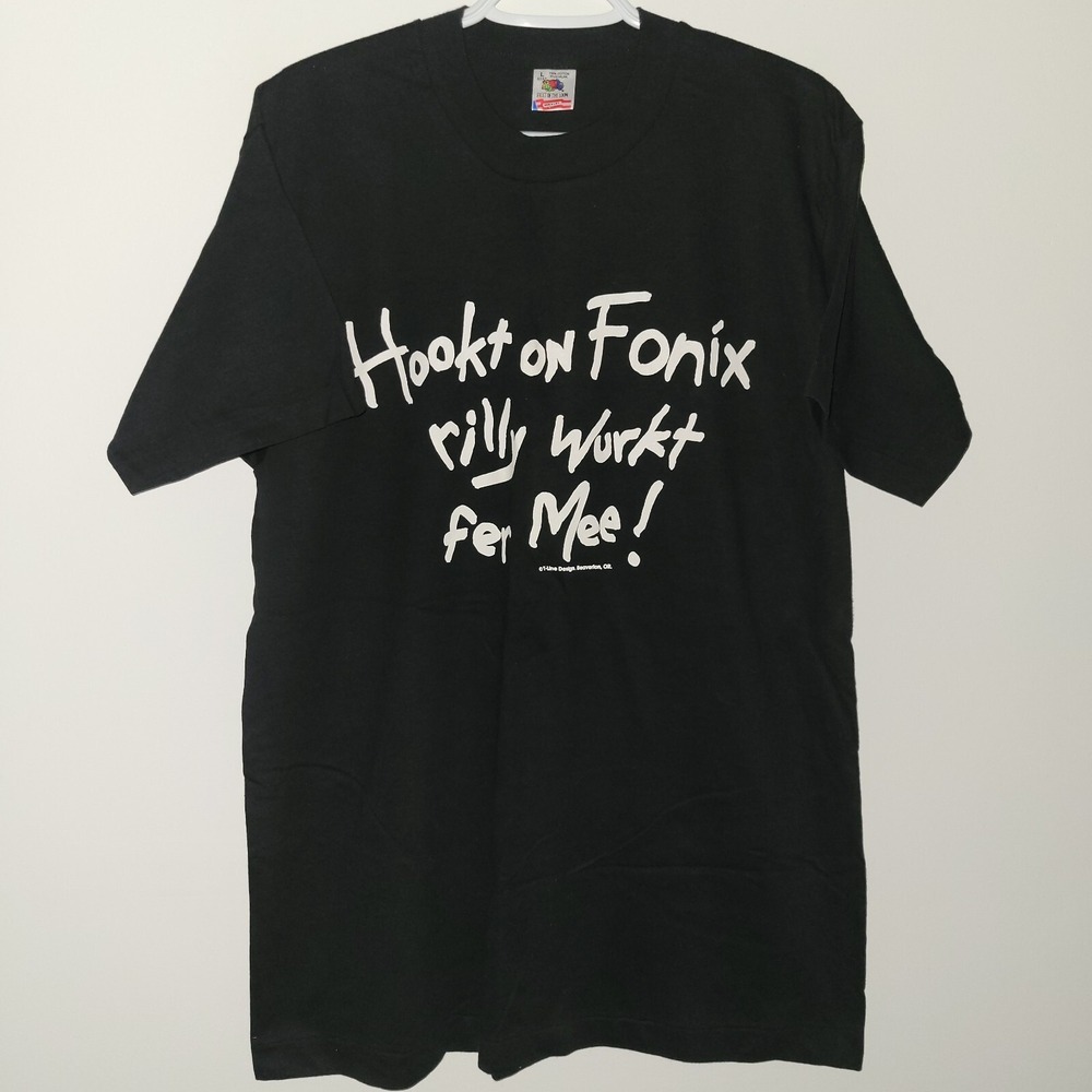 Vintage Hookt On Fonix Rilly Wurkt Fer Mee T-Shirt Size Large Made In USA Black